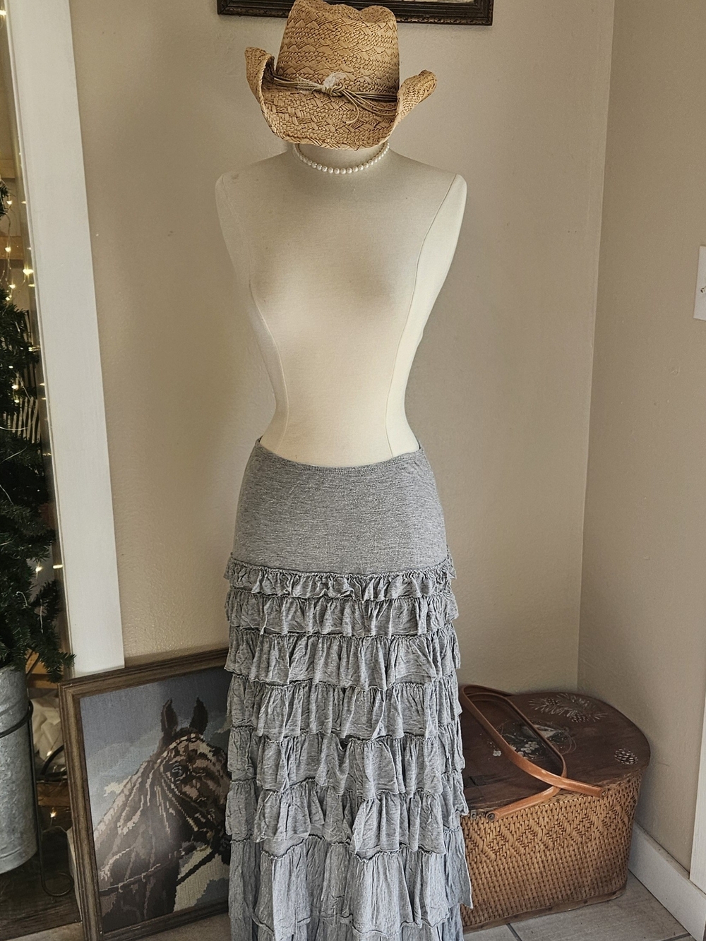 Boston Proper Gray Ruffle-Tiered Maxi Skirt
